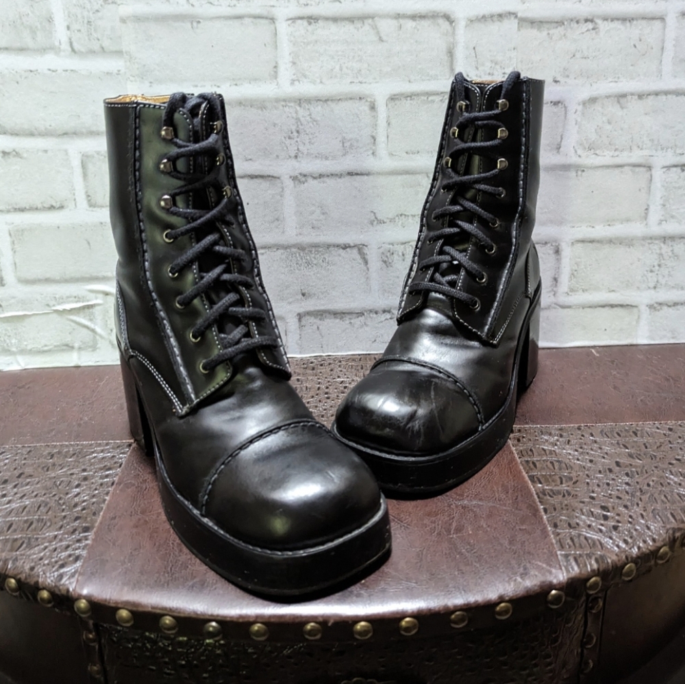 Frye Vintage Y2K Villager Boot Lace Up Zip Stitch 70's Chunky Heel Black Size 9 - Picture 9 of 16